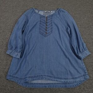 Soft Surroundings Tunic Top Womens Medium Blue Tencel Denim 3/4 Sleeve Buttons